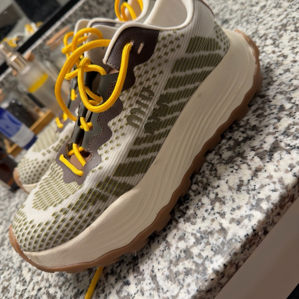 Miu miu Chunky Olive & Cream CLOUD Sneakers with Yellow Laces